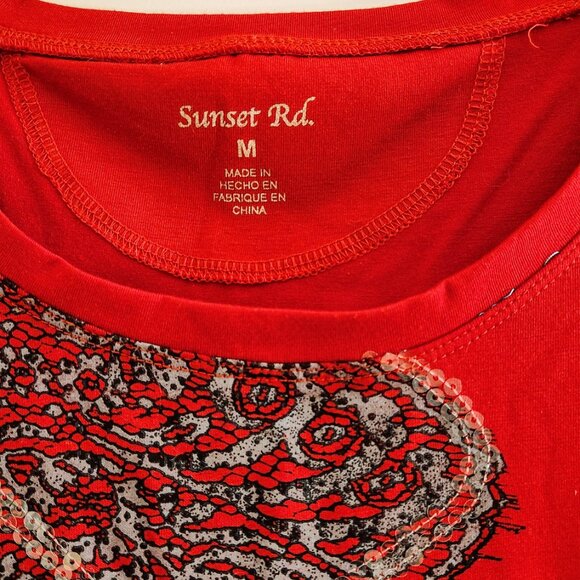 Sunset Rd M Red Black Lace Clear Sequins Design Top Blouse Long Sleeve sz M - Picture 5 of 11